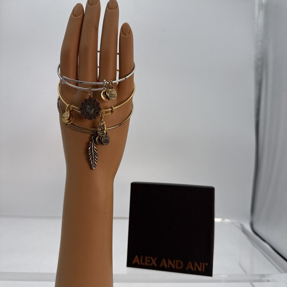 3 Alex And Ani /Pisces Zodiac Two Tone, Spirit Feather & Crystal Pearl In Muscle